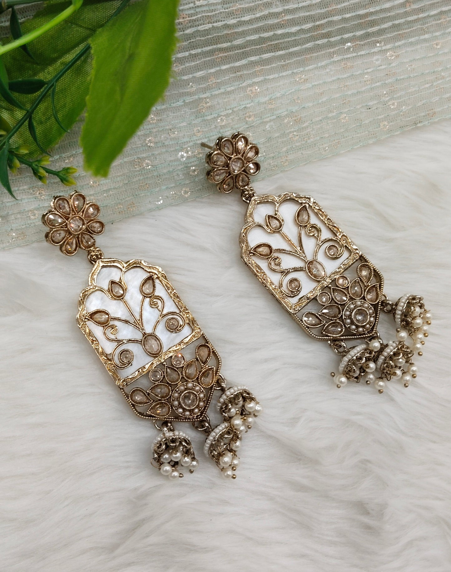 White Antique Gold Bollywood Dhoni Indian Earrings