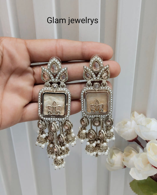 White Antique Gold Bollywood Dhoni Indian Earrings