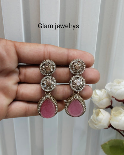 Pink Antique Gold Bollywood Salt Indian Earrings