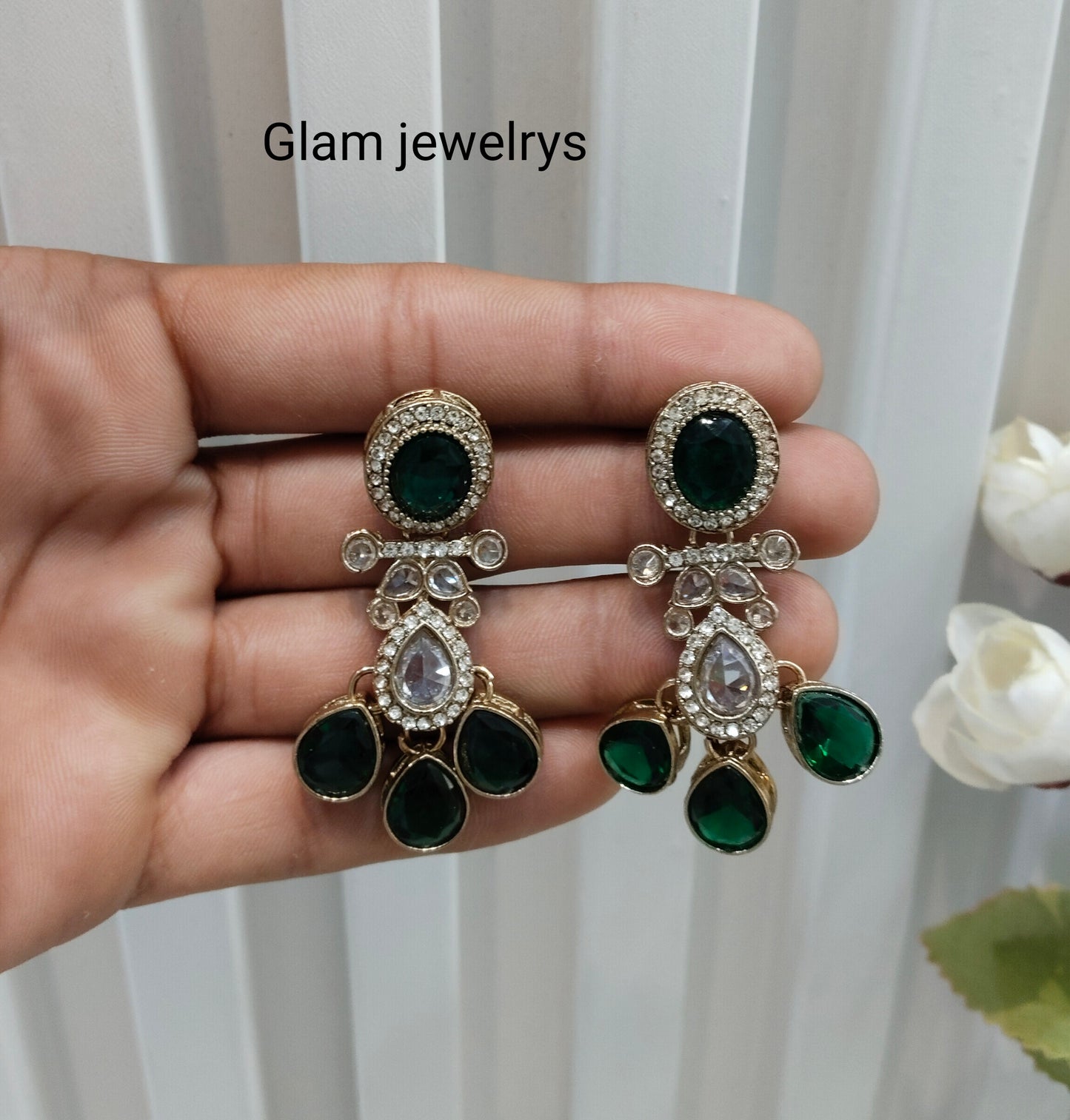 Green Antique Gold Bollywood Salt Indian Earrings