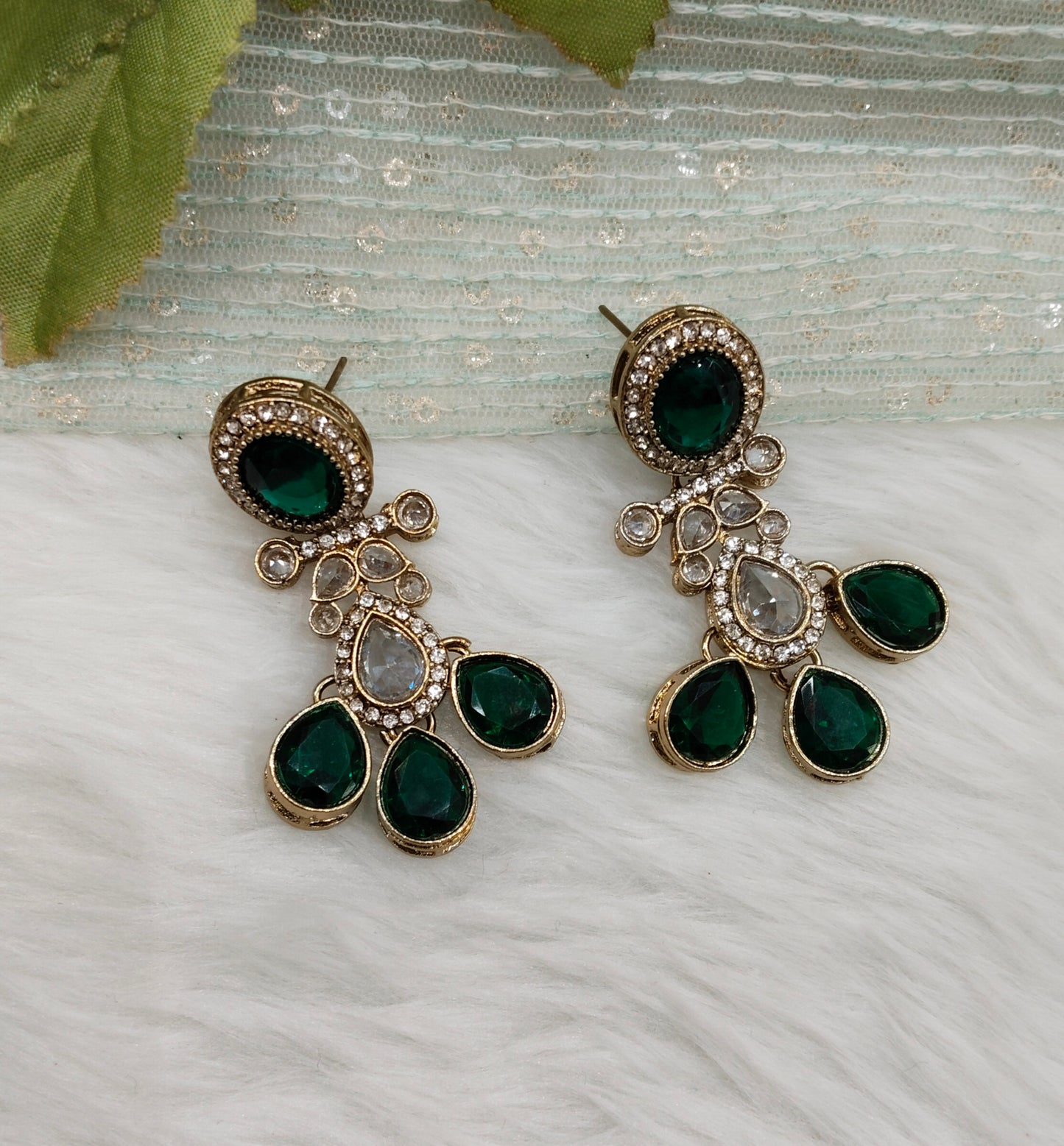 Green Antique Gold Bollywood Salt Indian Earrings