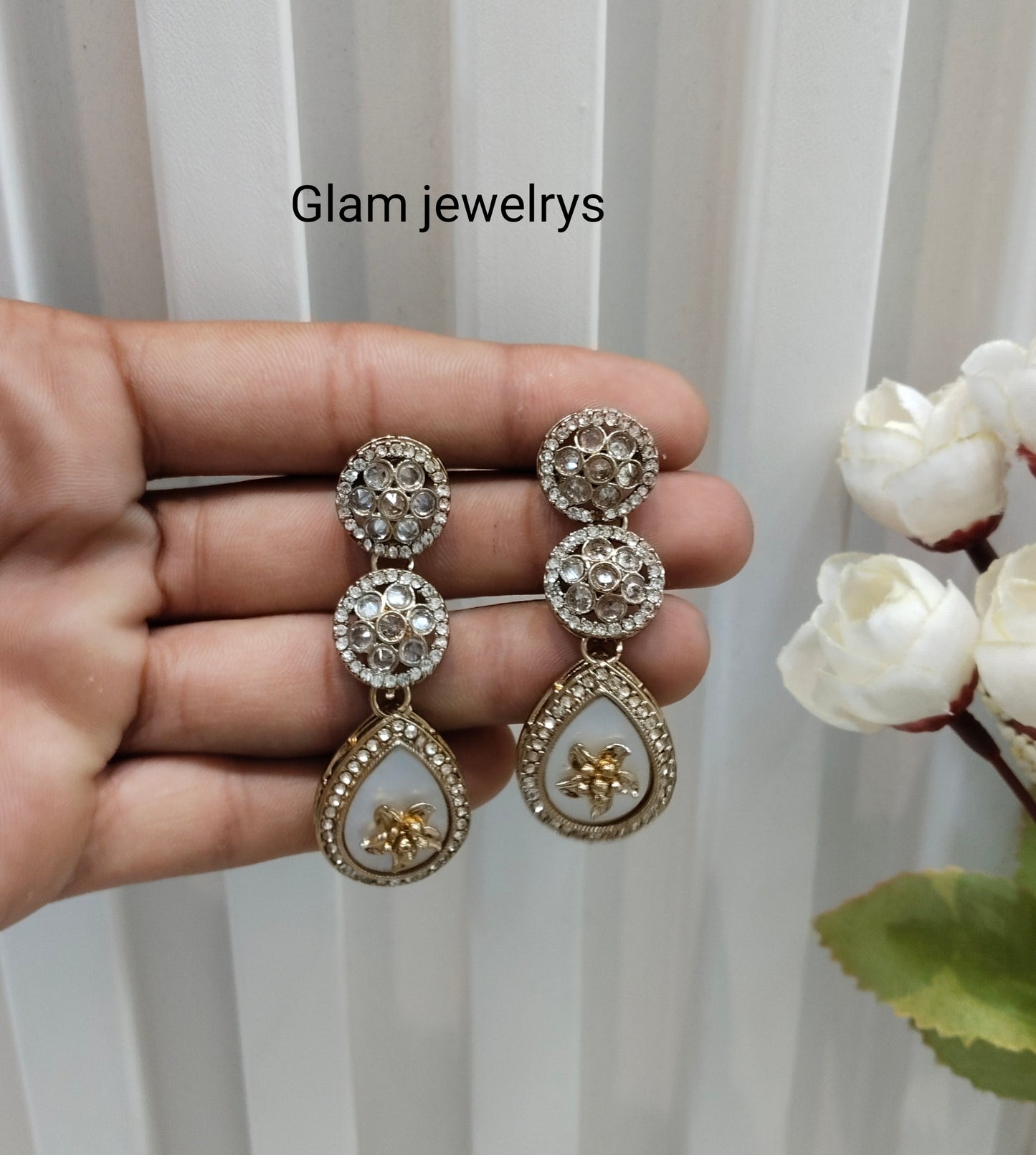 White Antique Gold Bollywood Salt Indian Earrings