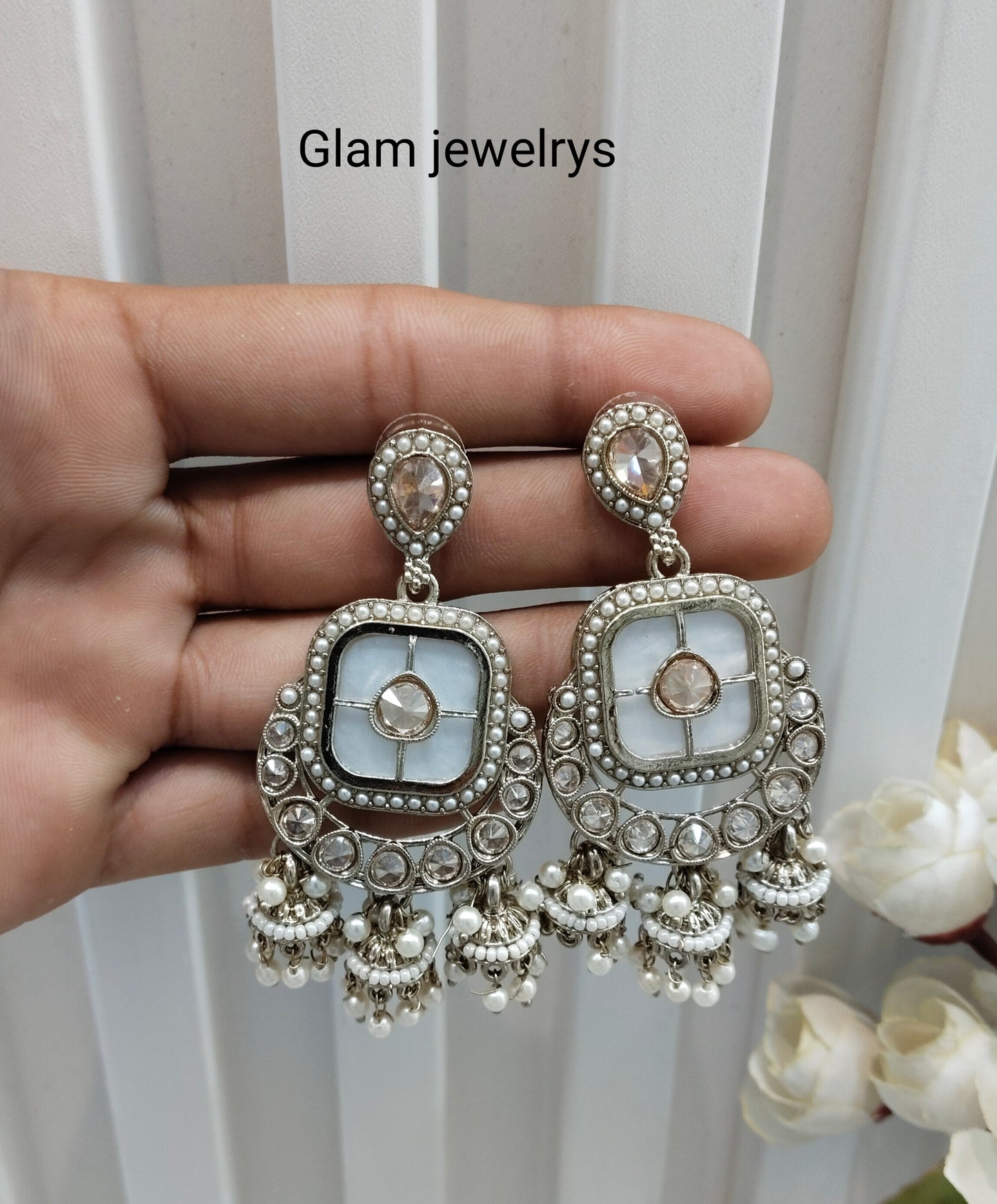 White Antique Gold Bollywood Hooda Indian Earrings