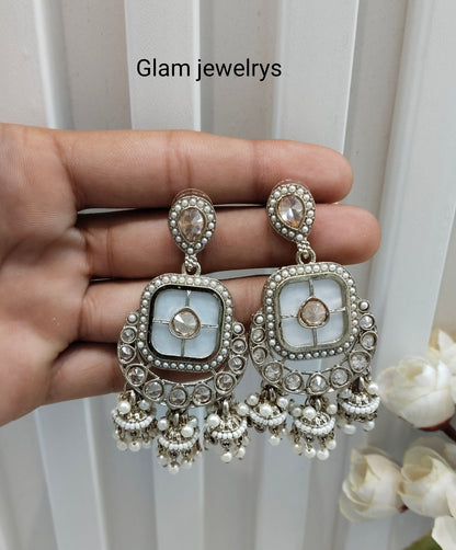 White Antique Gold Bollywood Hooda Indian Earrings