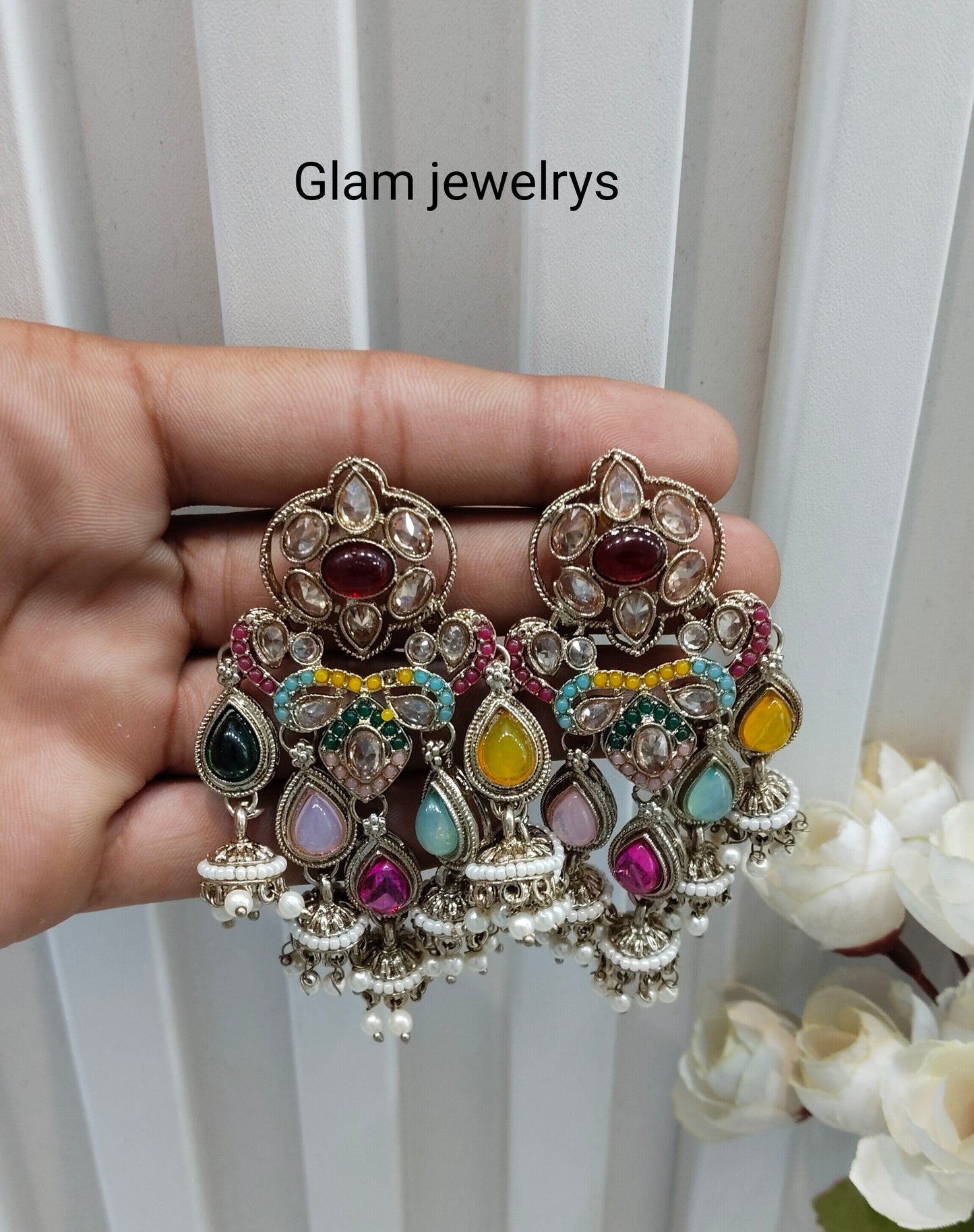 Multi Color Antique Gold Bollywood Hooda Indian Earrings