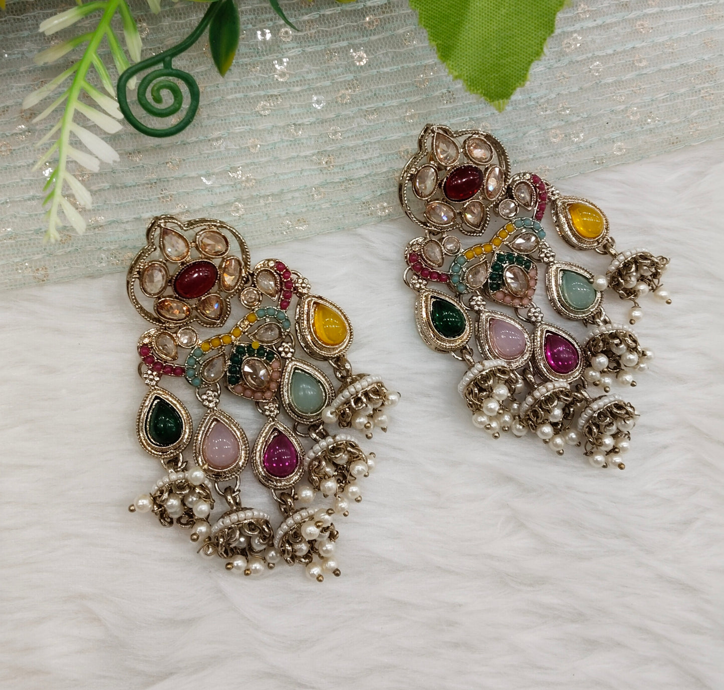 Multi Color Antique Gold Bollywood Hooda Indian Earrings