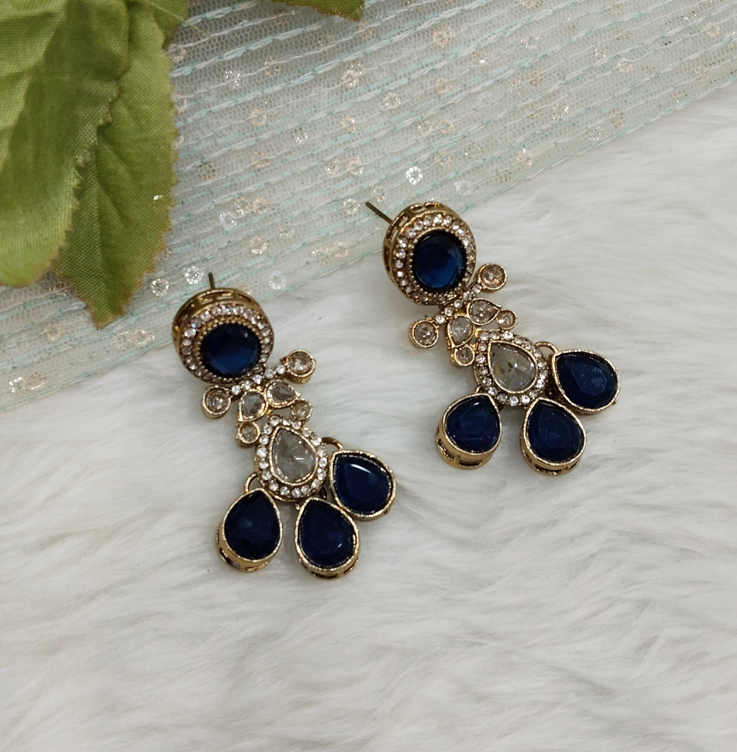 Blue Antique Gold Bollywood Salt Indian Earrings