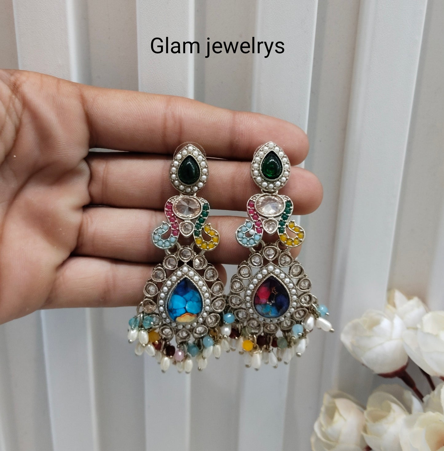 Multi Color Antique Gold Bollywood Dhoni Indian Earrings