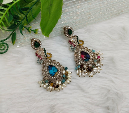 Multi Color Antique Gold Bollywood Dhoni Indian Earrings