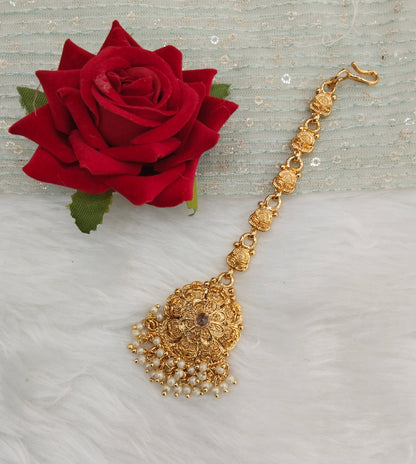 Gold polki and Antique Gold Tikka Jewellery Indian Headpiece Set