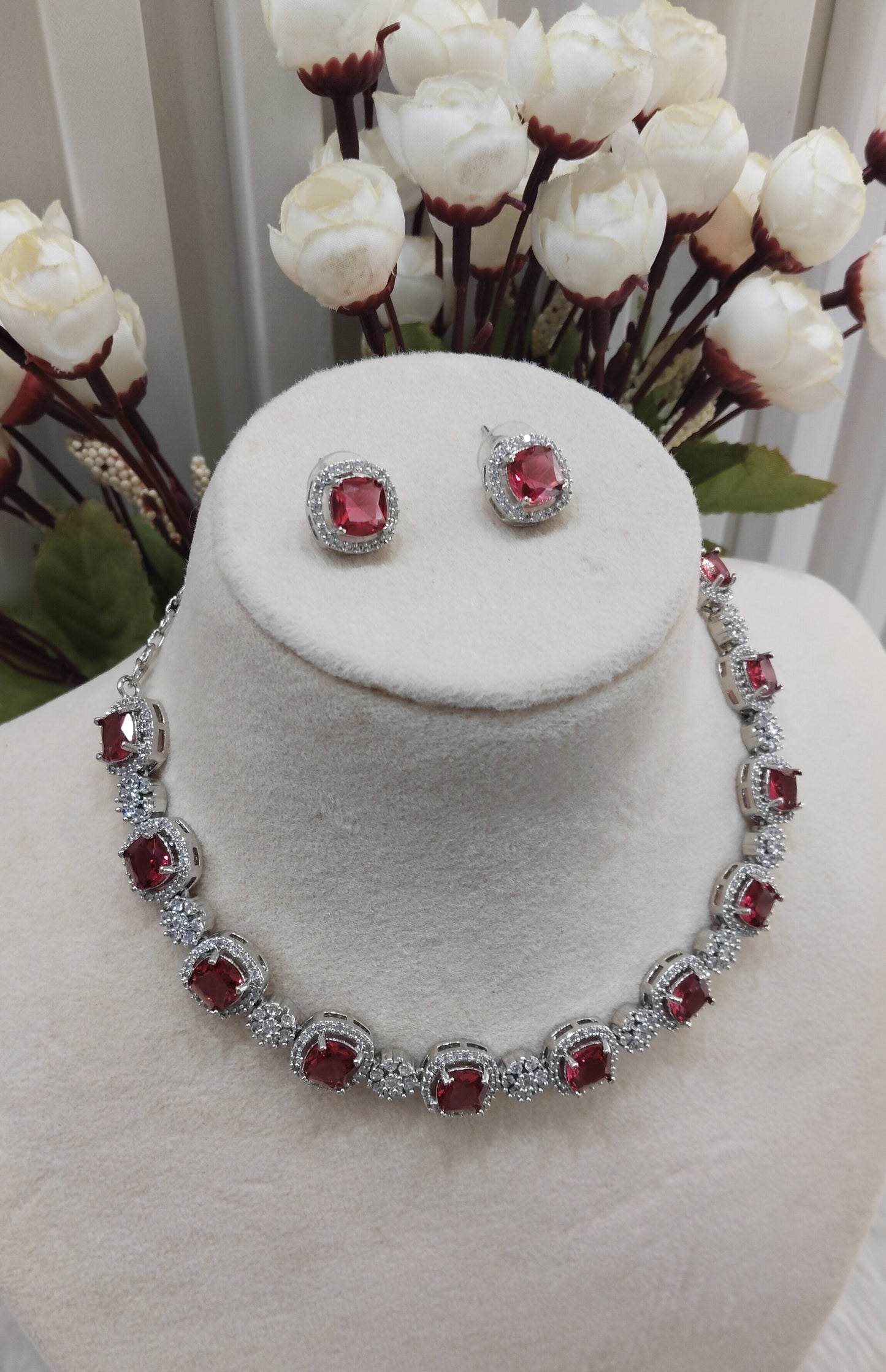 Ruby Silver CZ Necklace Indian Jewellery Kavin Set