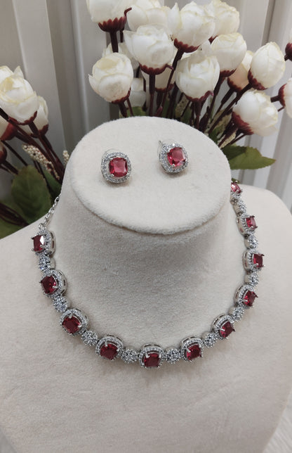 Ruby Silver CZ Necklace Indian Jewellery Kavin Set