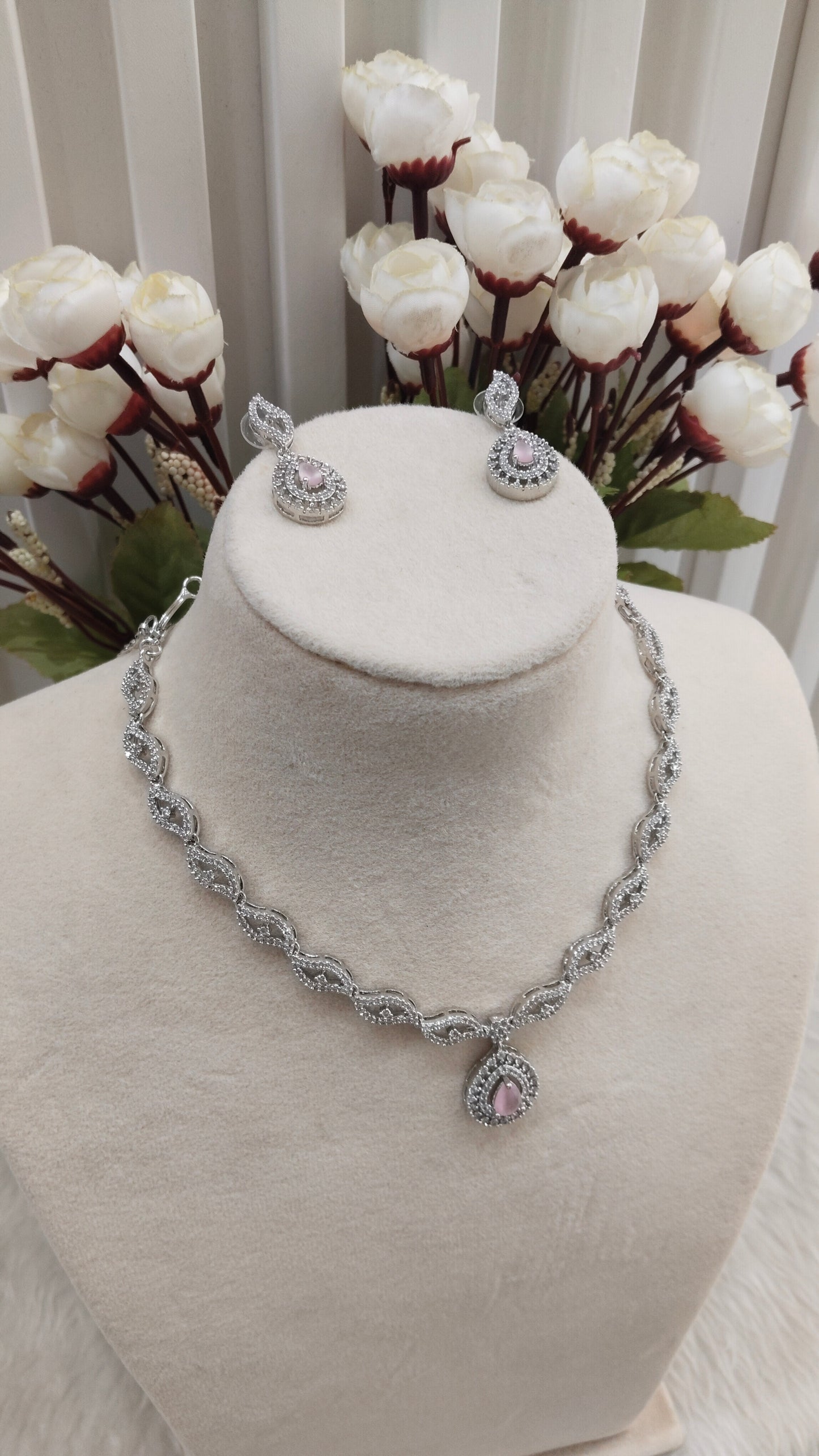 Pink Silver CZ Necklace Indian Jewellery Malinga Set