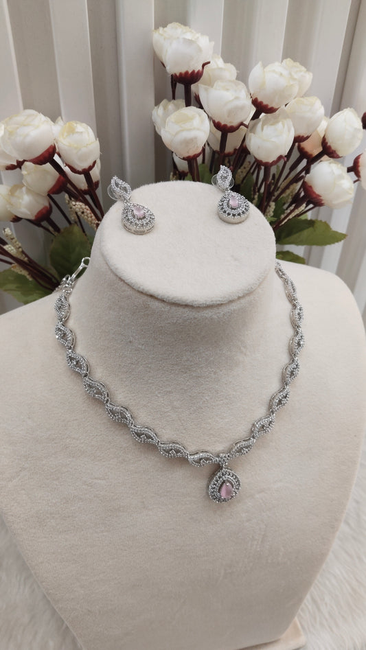 Pink Silver CZ Necklace Indian Jewellery Malinga Set