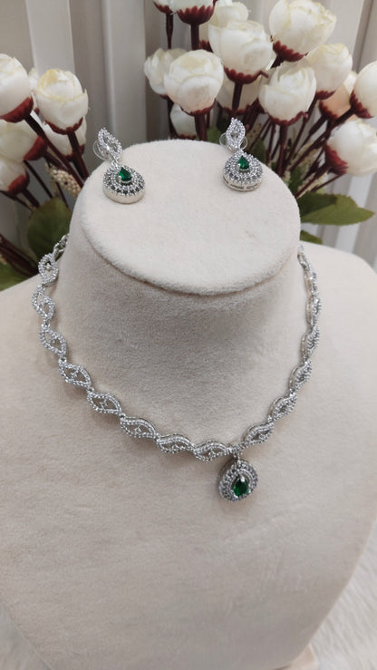 Green Silver CZ Necklace Indian Jewellery Malinga Set