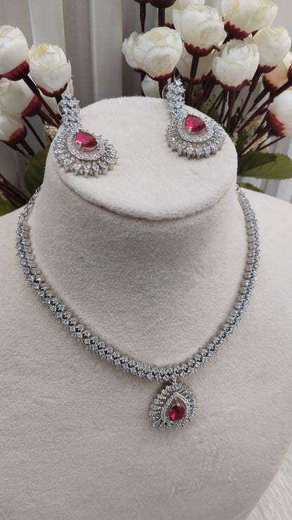 Ruby Silver CZ Necklace Indian Jewellery Polard Set