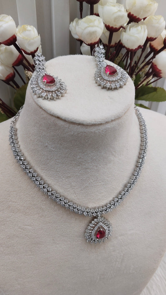 Ruby Silver CZ Necklace Indian Jewellery Polard Set