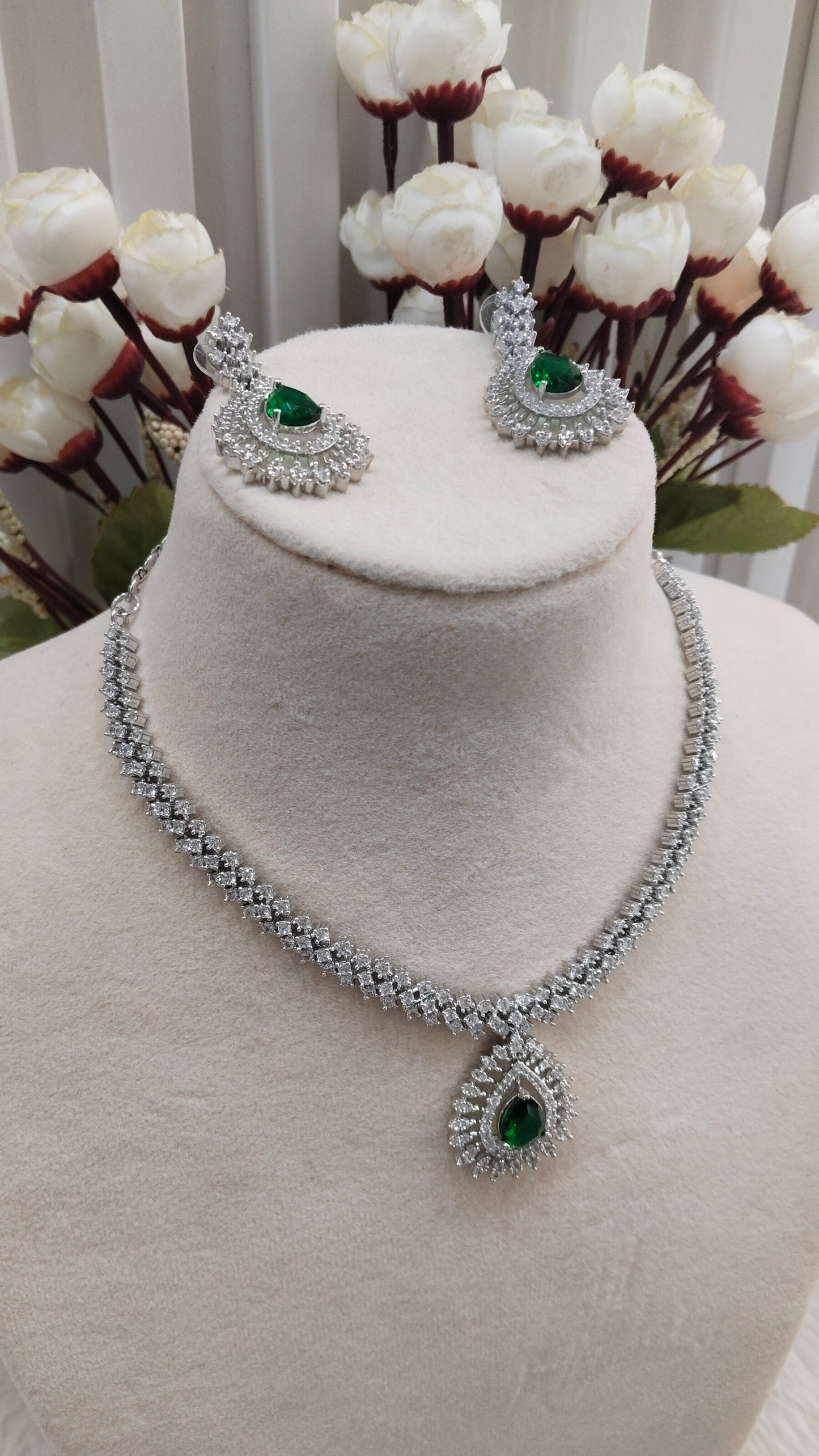 Green Silver CZ Necklace Indian Jewellery Polard Set