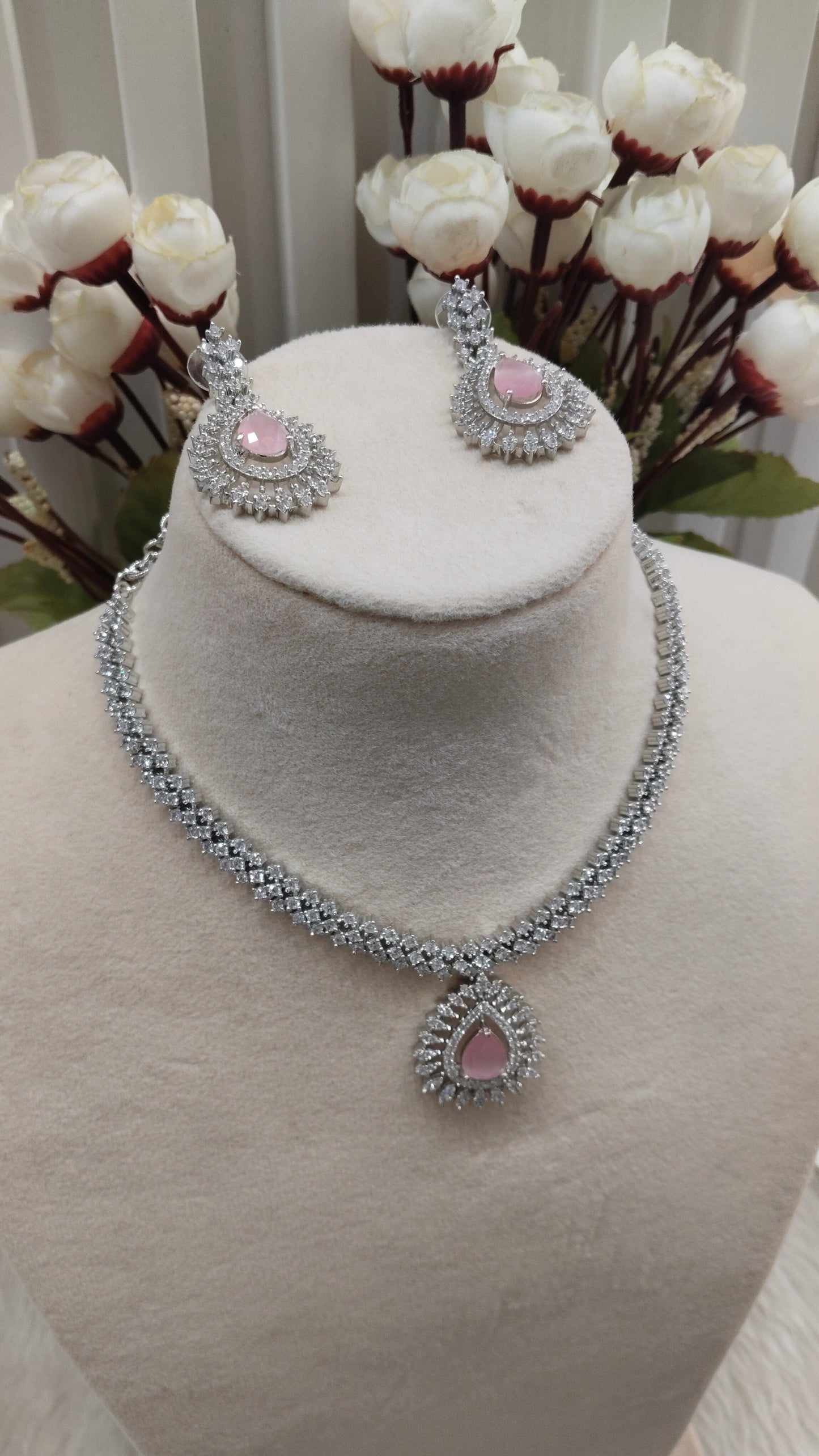 Pink Silver CZ Necklace Indian Jewellery Polard Set