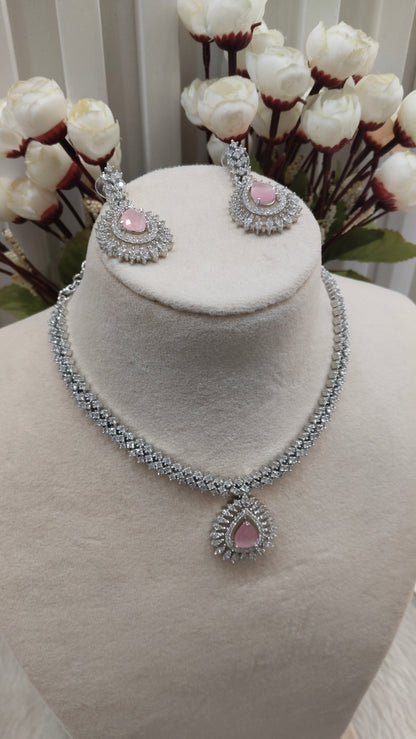 Pink Silver CZ Necklace Indian Jewellery Polard Set