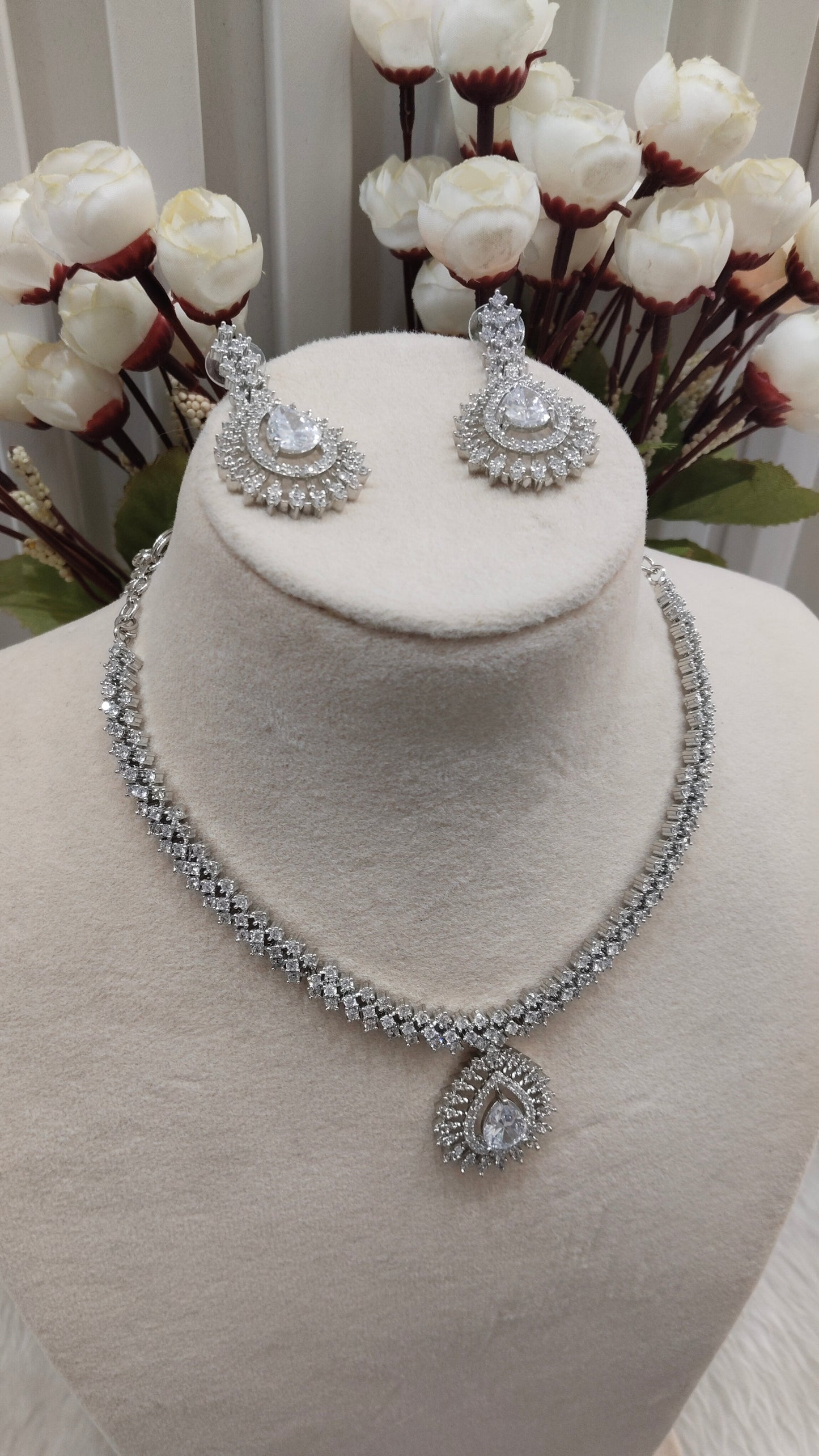 White Silver CZ Necklace Indian Jewellery Polard Set