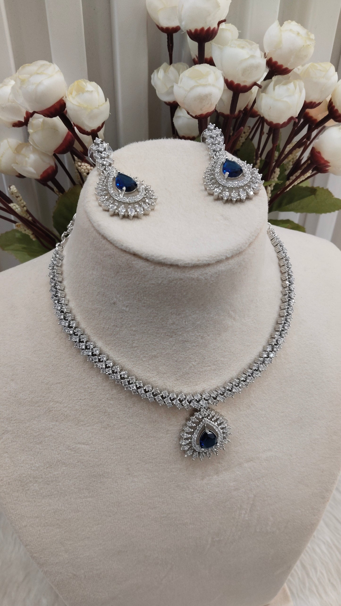 Blue Silver CZ Necklace Indian Jewellery Polard Set
