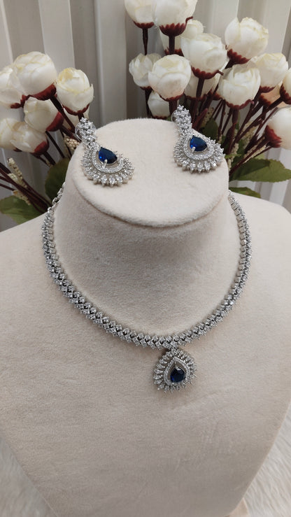 Blue Silver CZ Necklace Indian Jewellery Polard Set