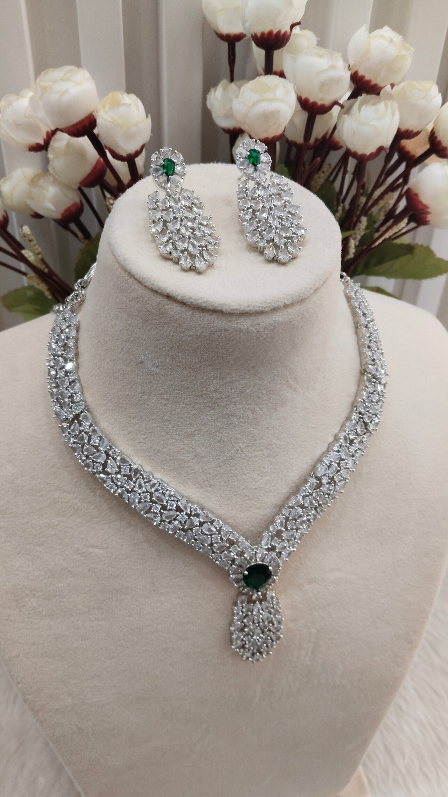 Green Silver CZ Necklace Indian Jewellery Lasit Set