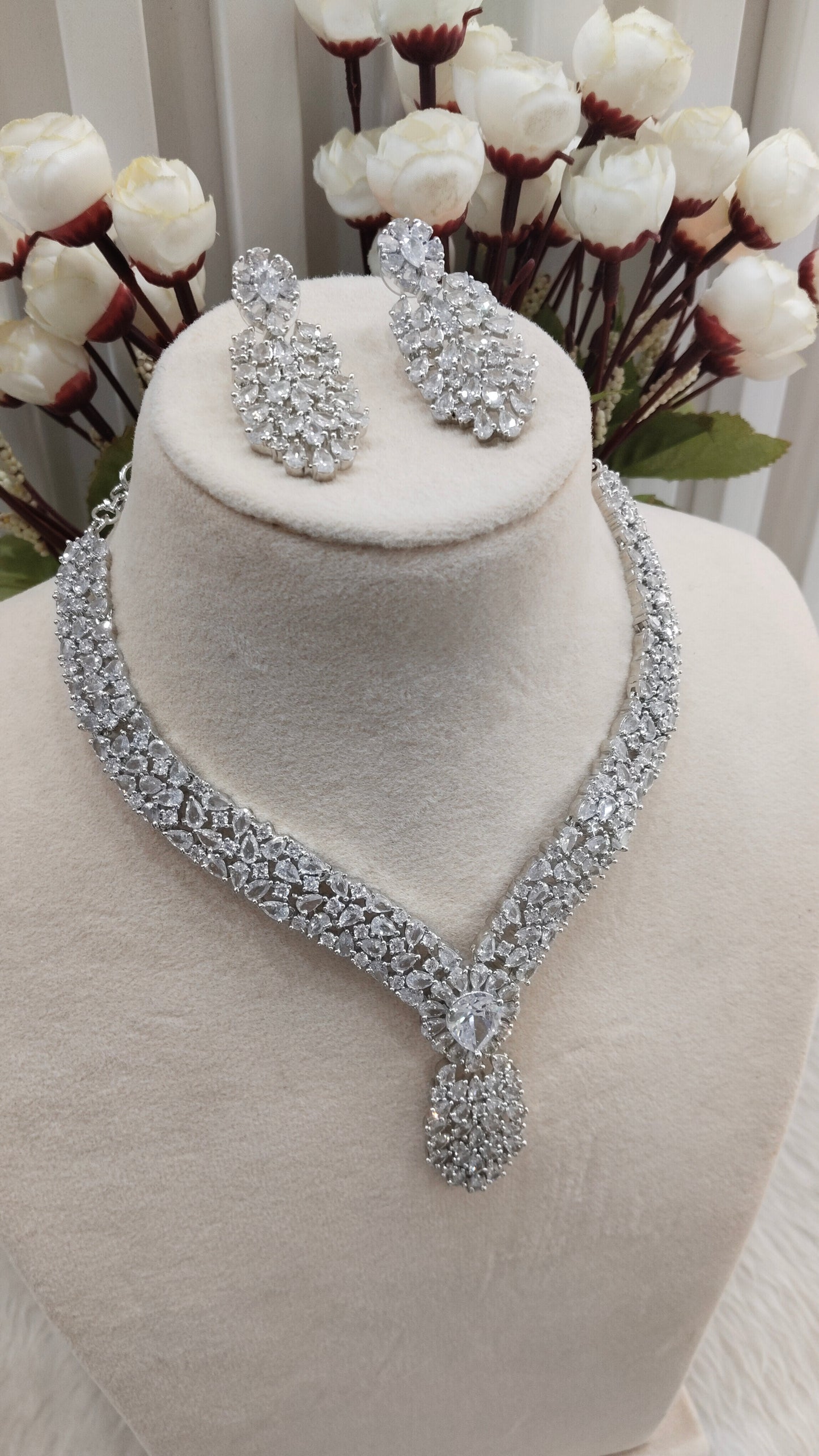 White Silver CZ Necklace Indian Jewellery Lasit Set