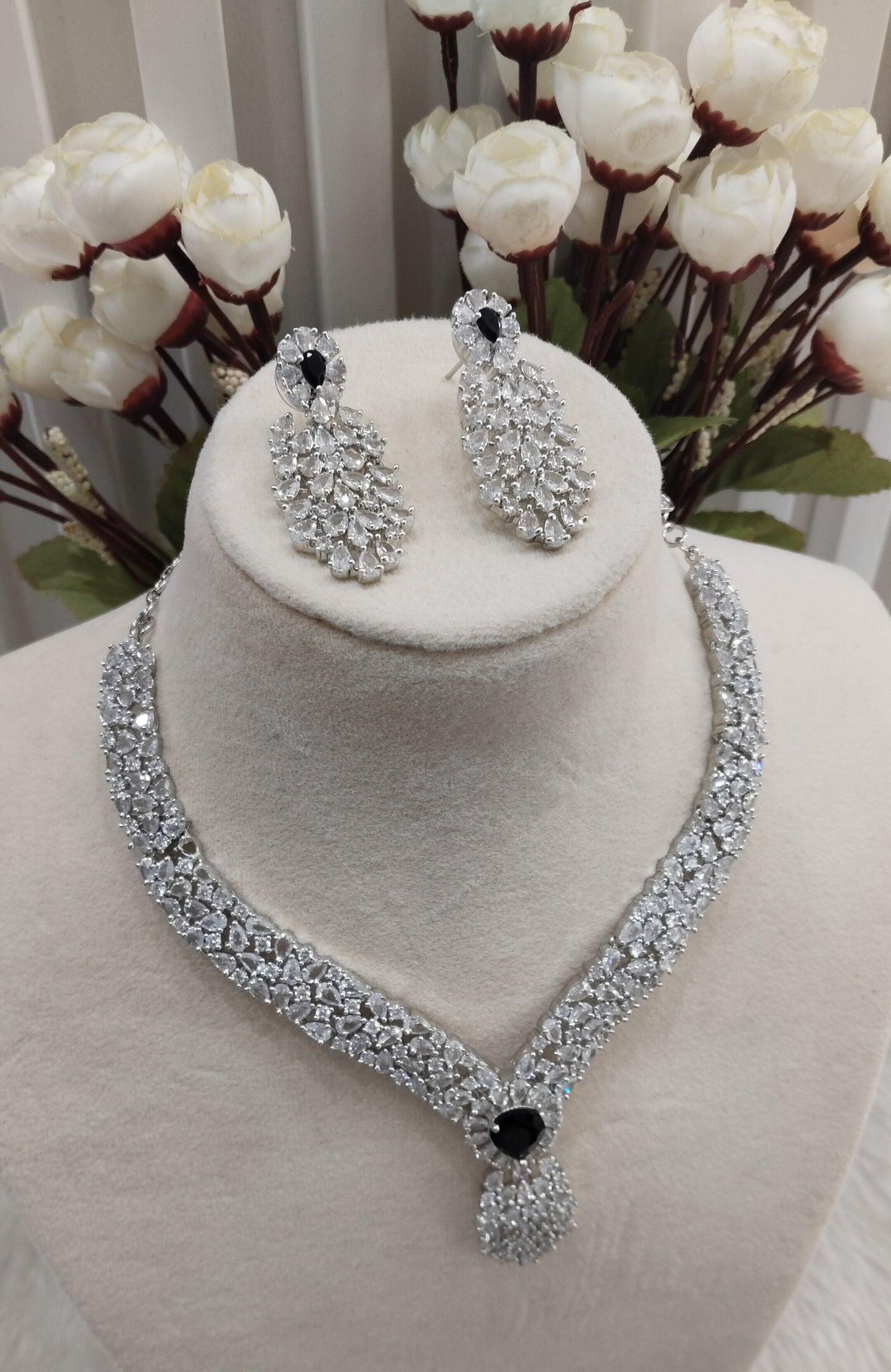 Black Silver CZ Necklace Indian Jewellery Lasit Set