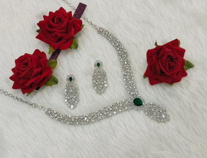 Green Silver CZ Necklace Indian Jewellery Lasit Set