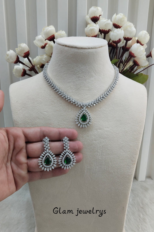 Green Silver CZ Necklace Indian Jewellery Polard Set