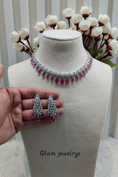 Ruby Silver CZ Necklace Indian Jewellery Marker Set