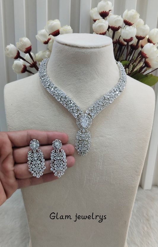 White Silver CZ Necklace Indian Jewellery Lasit Set