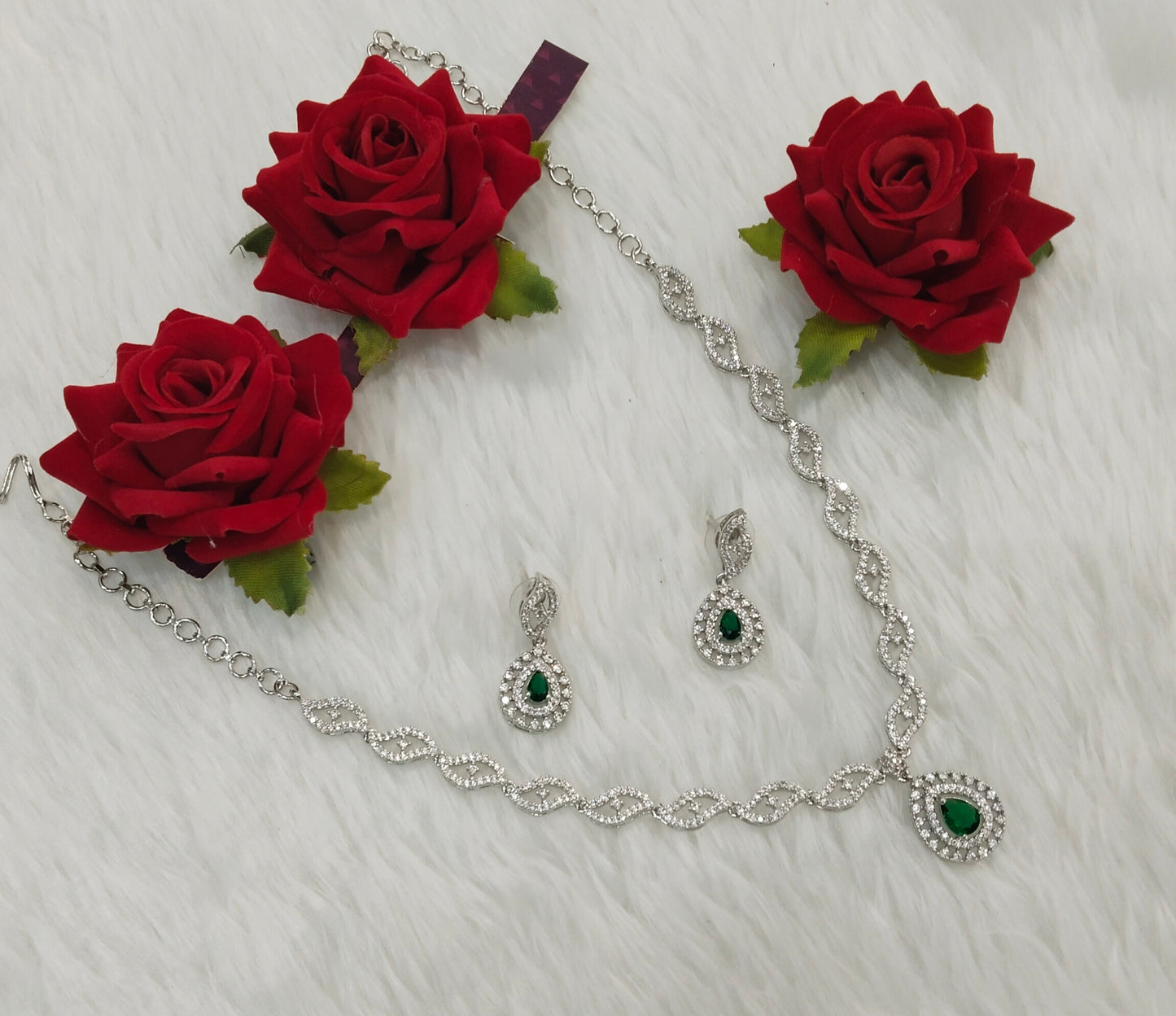 Green Silver CZ Necklace Indian Jewellery Malinga Set