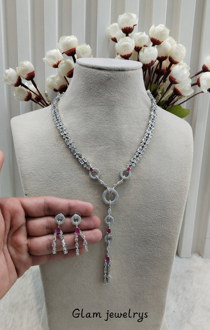 Ruby Silver CZ Necklace Indian Jewellery Jaysurya Set