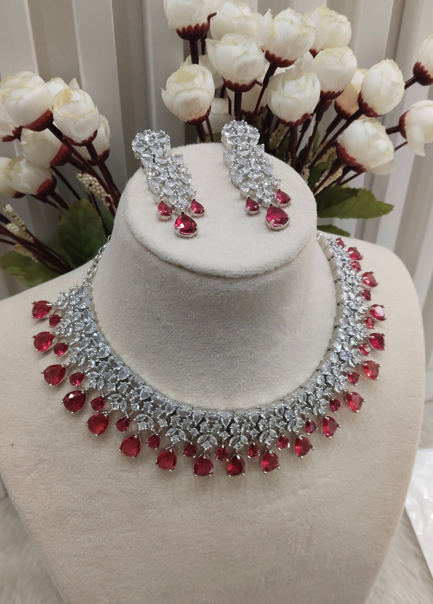 Ruby Silver CZ Necklace Indian Jewellery Dilshan Set