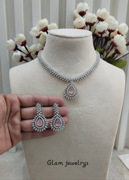 Pink Silver CZ Necklace Indian Jewellery Polard Set