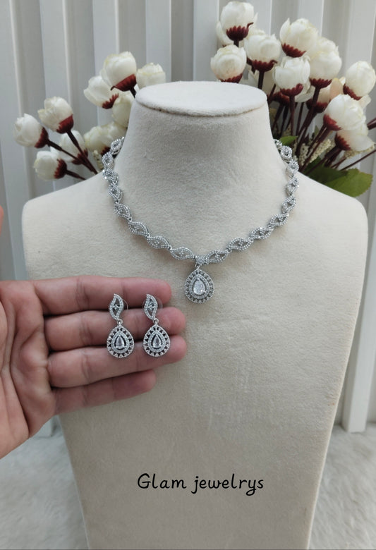 White Silver CZ Necklace Indian Jewellery Malinga Set
