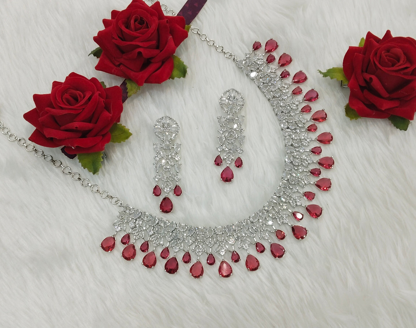 Ruby Silver CZ Necklace Indian Jewellery Dilshan Set