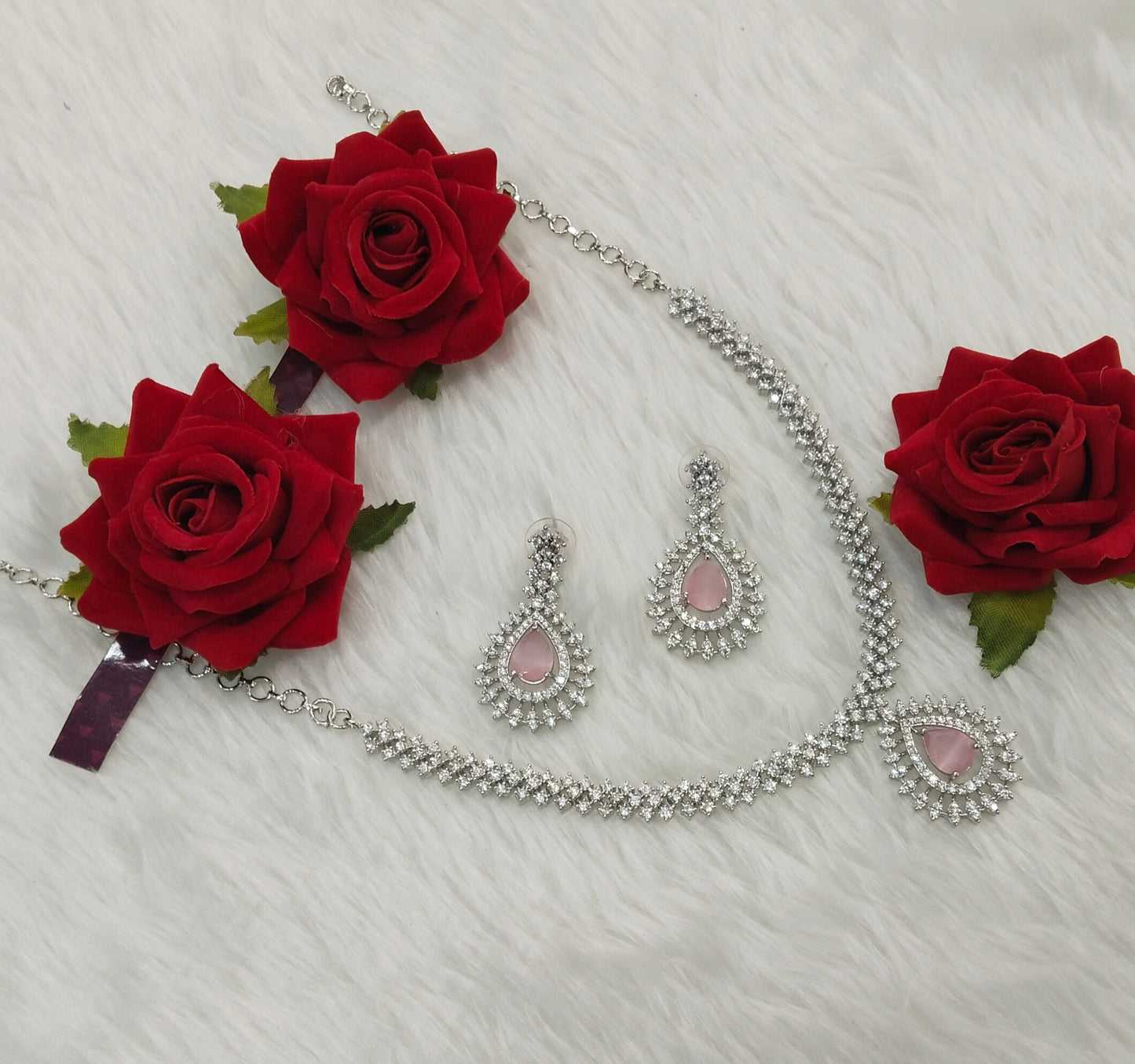 Pink Silver CZ Necklace Indian Jewellery Polard Set