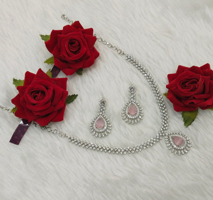 Pink Silver CZ Necklace Indian Jewellery Polard Set