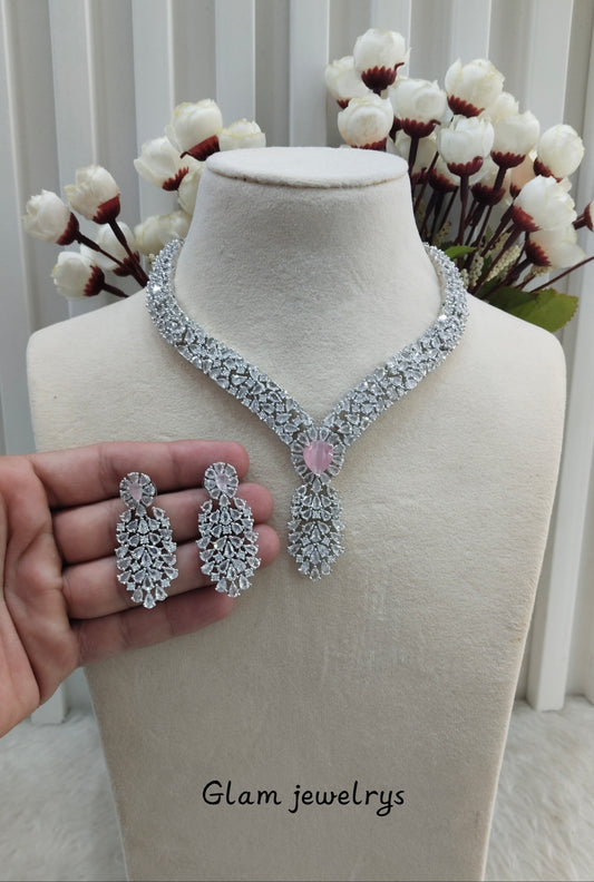 Pink Silver CZ Necklace Indian Jewellery Lasit Set