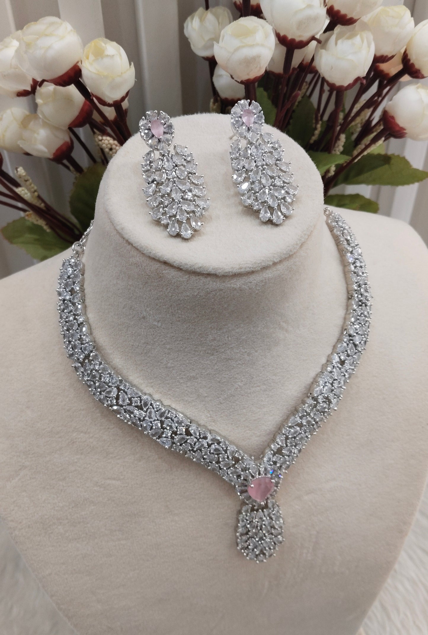 Pink Silver CZ Necklace Indian Jewellery Lasit Set