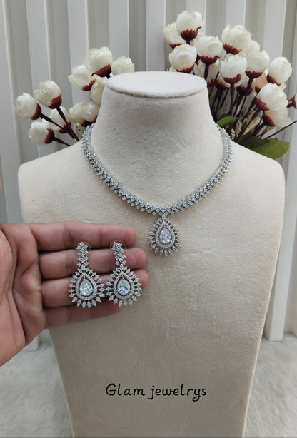 White Silver CZ Necklace Indian Jewellery Polard Set