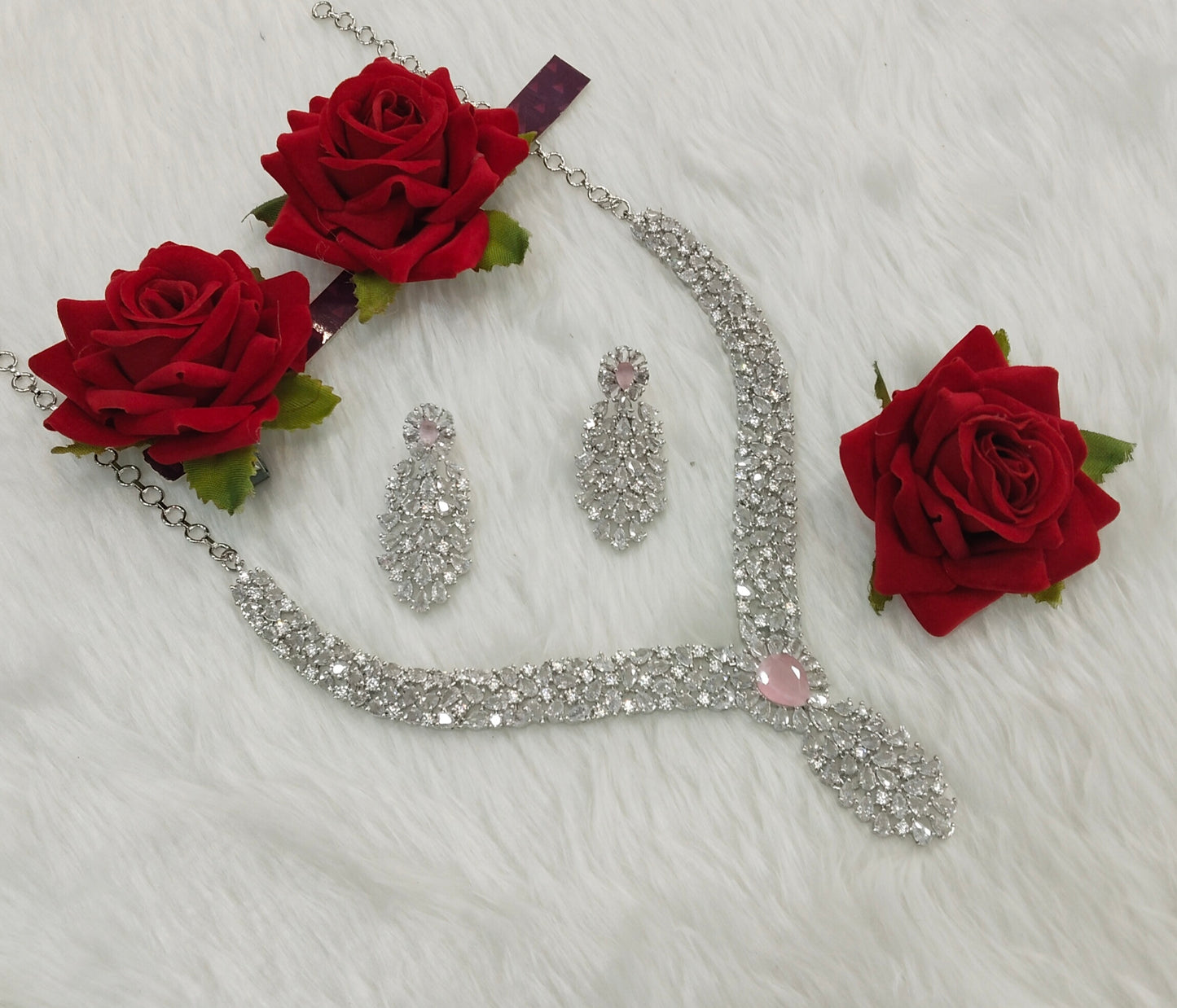 Pink Silver CZ Necklace Indian Jewellery Lasit Set