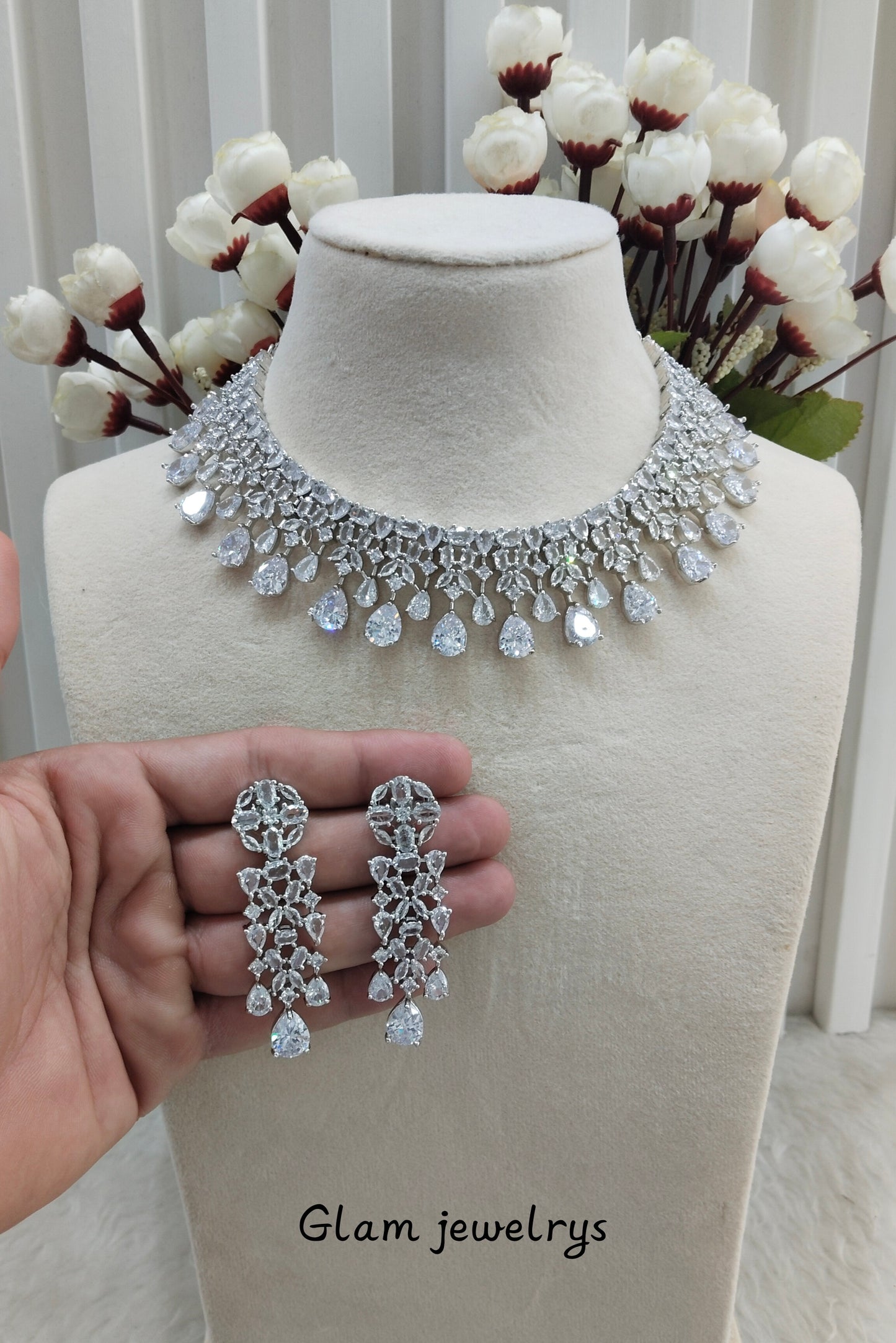 White Silver CZ Necklace Indian Jewellery Dilshan Set