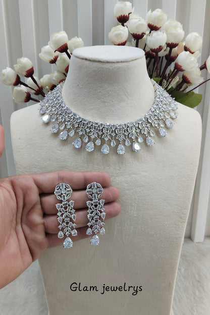 White Silver CZ Necklace Indian Jewellery Dilshan Set