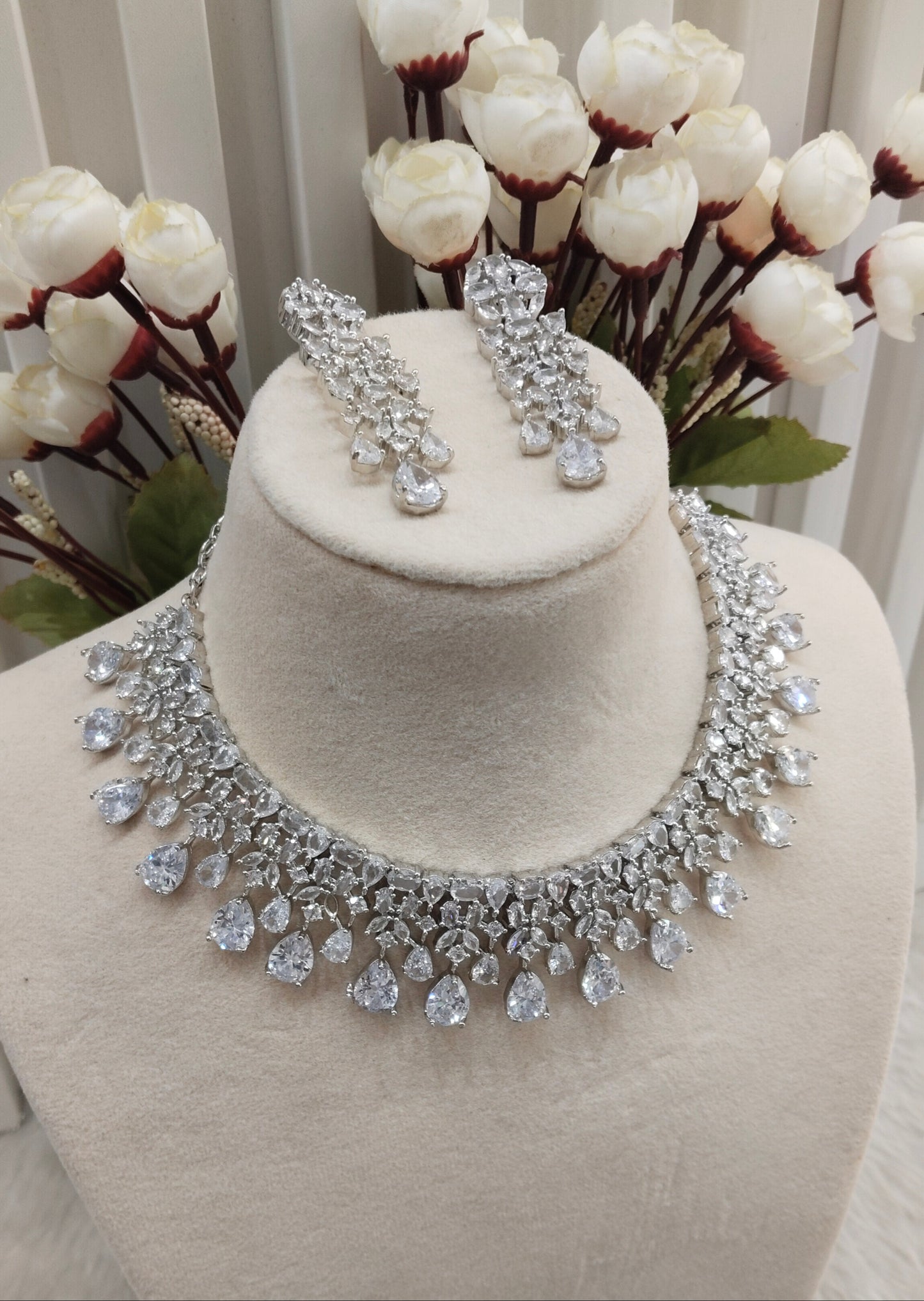 White Silver CZ Necklace Indian Jewellery Dilshan Set
