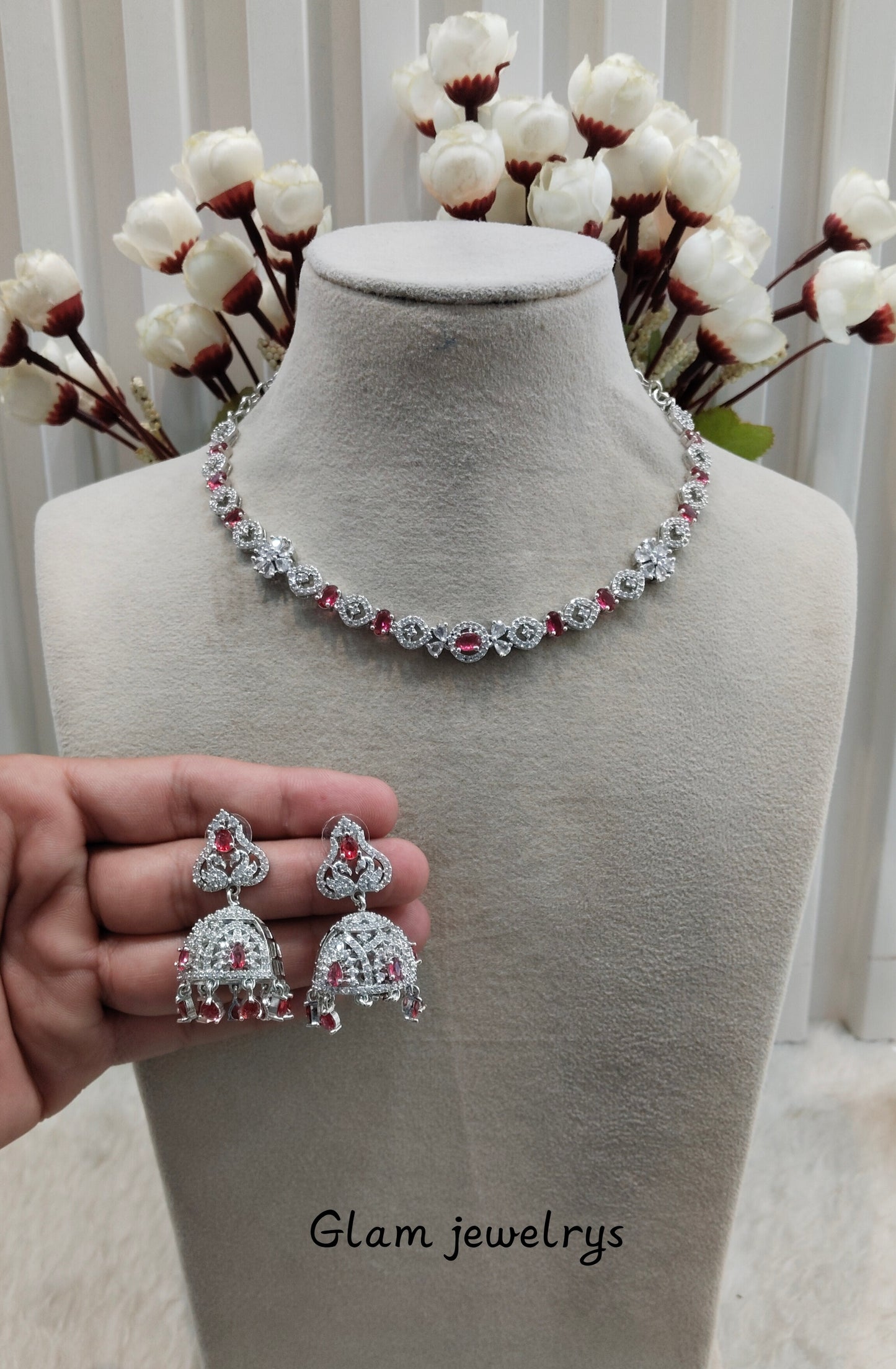 Ruby Silver CZ Necklace Indian Jewellery Jaysurya Set